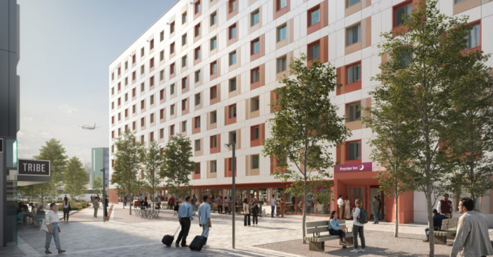 Manchester Airport Premier Inn Britplas Façades project win CGI of Manchester Airport Premier Inn development Britplas Façades