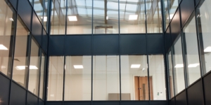 Britplas fire rated glazed screen spanning two storeys at QinetiQ